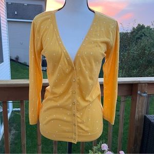 Banana republic womens cardigan sweater Sz M yellow white polka dots cotton work